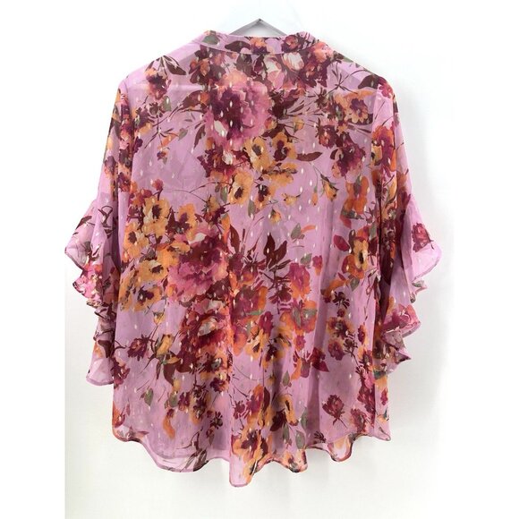 Vince Camuto Pink Purple Floral-Print Flutter-Sleeve Blouse Size L Boho AC35 - Picture 2 of 10